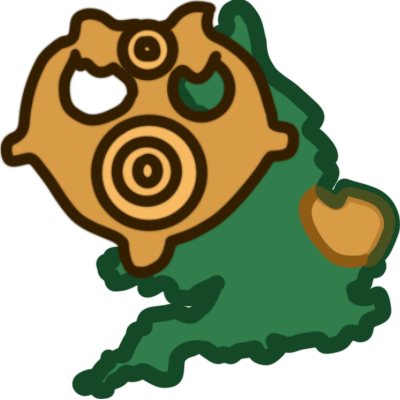 green shape of Britain, with the Eastern region where the Iceni people lived in the colour bronze. Overlaid in the top-left of the symbol is a depiction, also coloured bronze, of a brooch made by the Iceni people.